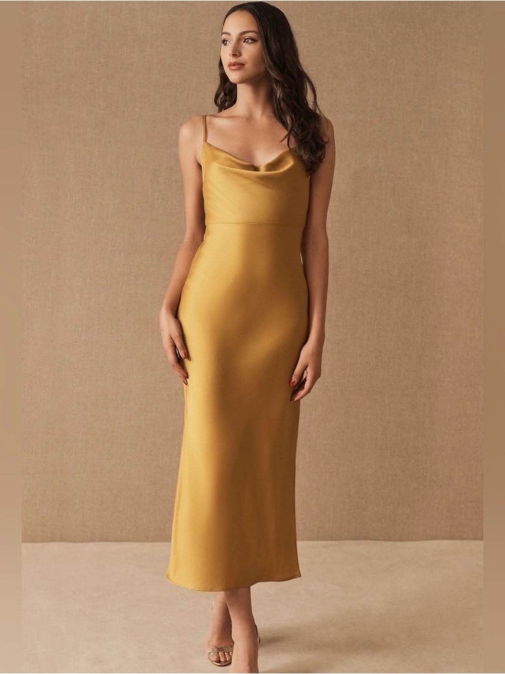 BHLDN Cali Satin Cowl-Neck Midi Slip Dress